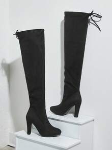 SHUZIA 节日礼物推荐畅销款女士黑色绒面革过膝长靴——时尚版型，系带设计，显腿长又性感 - 黑色 - 查看 2