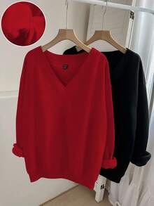 SHEIN LUNE 2pcs Women's Casual Solid Color V-Neck Fleece Sweatshirt, Suitable For Autumn & Winter,Casual - Multicolor - View 4