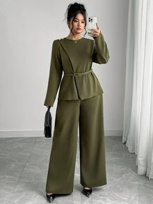 Elenzga Plus Size Women's Elegant French Romantic Office Commute Casual Vintage Middle Eastern Style Crew Neck Crossover Waist Metal Buckle Decor Long Sleeve Shirt + Loose Wide Leg Pants/Trousers Two Pieces Set, Suitable For Office, Street, Afternoon Tea, Party, Thanksgiving Blouse And Pants Set Modest Two Piece Set 2 Piece Casual Sets Woman Two Piece Set Women Elegant Olive Green Outfit Women - Army Green - View 1
