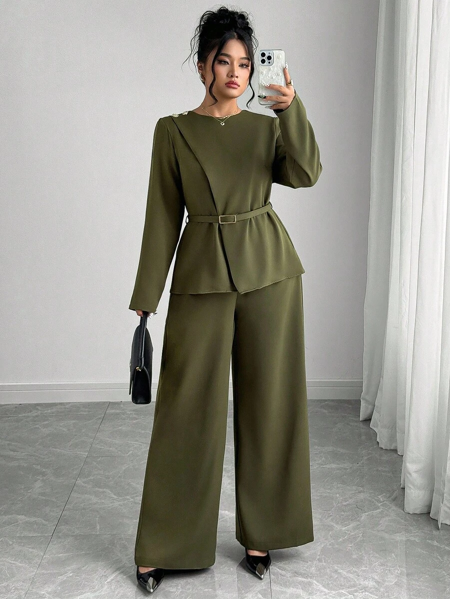 Elenzga Plus Size Women's Elegant French Romantic Office Commute Casual Vintage Middle Eastern Style Crew Neck Crossover Waist Metal Buckle Decor Long Sleeve Shirt + Loose Wide Leg Pants/Trousers Two Pieces Set, Suitable For Office, Street, Afternoon Tea, Party, Thanksgiving Blouse And Pants Set Modest Two Piece Set 2 Piece Casual Sets Woman Two Piece Set Women Elegant Olive Green Outfit Women - Army Green - View 1