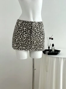Elamini Women's Street Style Leopard Print Raw Edge Washed Denim Mini Skirt