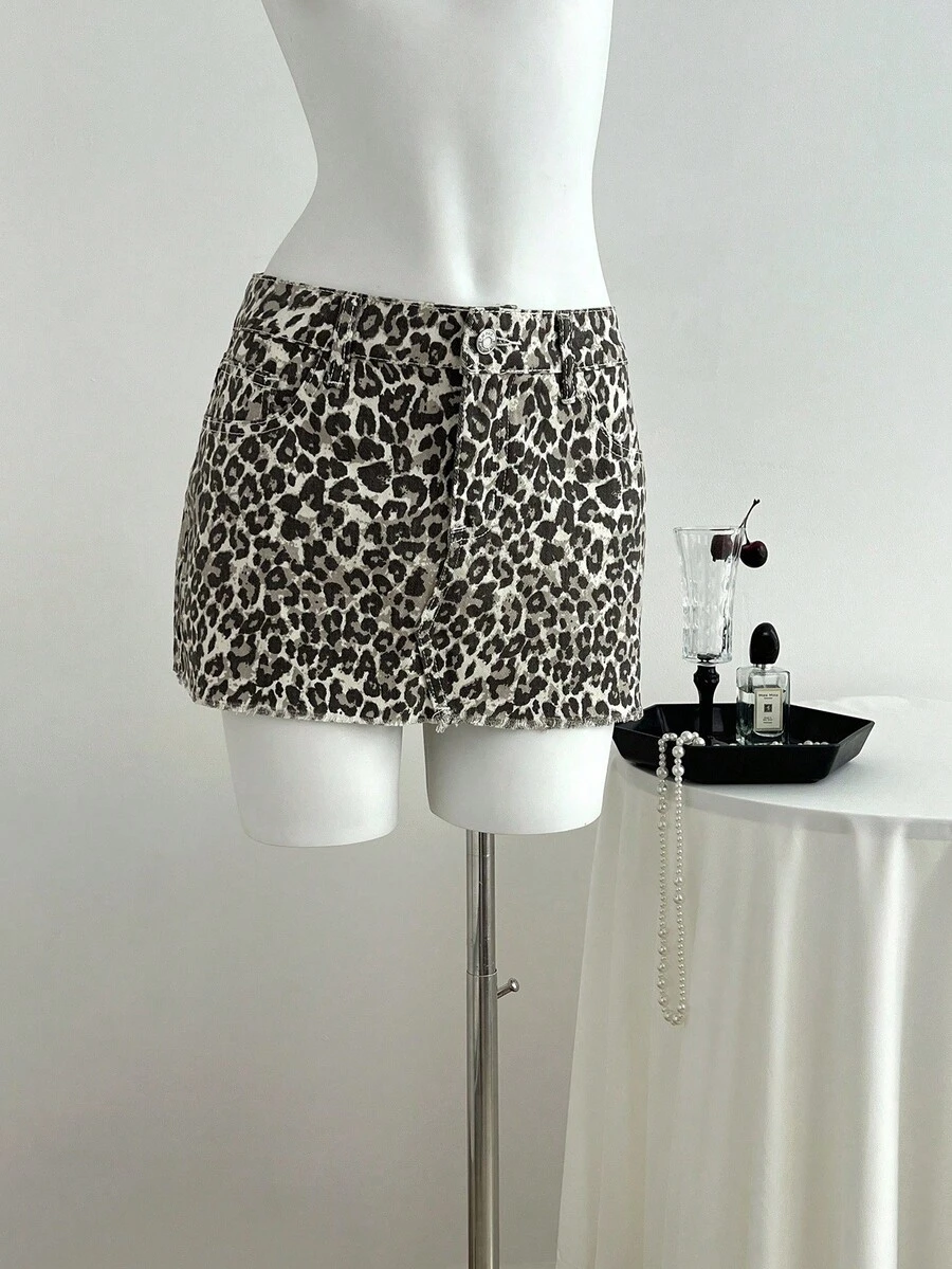 Elamini Women's Street Style Leopard Print Raw Edge Washed Denim Mini Skirt