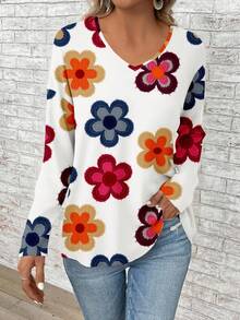 EMERY ROSE Floral Print Plus Size V-Neck Long Sleeve T-Shirt For Women, Suitable For Music Festivals And Back To School, Autumn/Winter