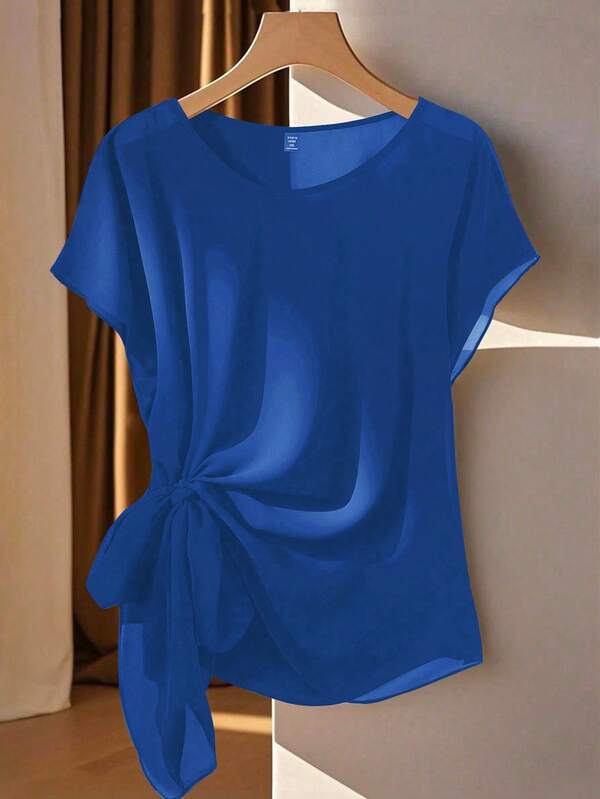 Franclia Plus Size Elegant Commuter Flowy Dolman Sleeve Casual Blouse, Spring/Summer Royal Blue Top Women Blue T Shirt Blue Tops Plus Size Bow Top Women Bright Blue Top