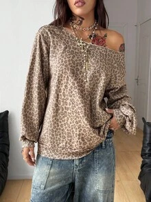 Coolane Women's Fall/Winter Streetwear Casual Vintage Comfortable Knit Leopard  Pattern Oversized Off The Shoulder Asymmetrical Neck  Sweatshirt,Halloween Outfits - Multicolor - View 3