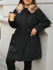 SHEIN Essnce Plus Size Women's Autumn And Winter Fashion Casual Loose Comfortable Daily Gentle Plush Splicing Hooded Cotton Coat Black Mid-Length Coat, Parka Jacket,Winter Outfits,Women's Winter Clothes - Black - View 6