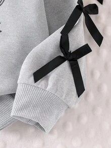 SHEIN Áo nỉ dài tay in nơ màu xám thường ngày cho bé gái, dễ thương và thời trang cho mùa thu - Xám - Xem 6