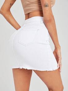 Selenza High Waist Raw Hem Denim Skirt - White - View 2