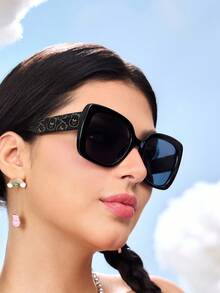 SHEIN X Care Bears Fashionable Gold Foil Cartoon Pattern Black Oversized Frame Women's Fashion Glasses, Suitable For Vacation, Travel, And Photography, Comes With Storage Pouch - Black - View 2