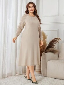Lacomfia Vestido de punto de talla grande con textura y parches de unicolor para uso casual y de oficina - Gris Claro - Ver 5