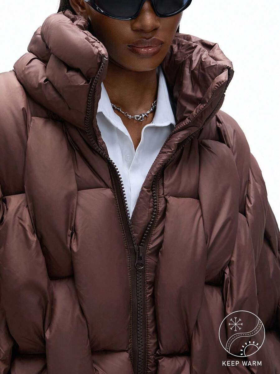 GENKIRA New Slim Fit Casual Chic Minimalist High-End Zipper Design Thick Padded Coat - Coffee Brown - View 1