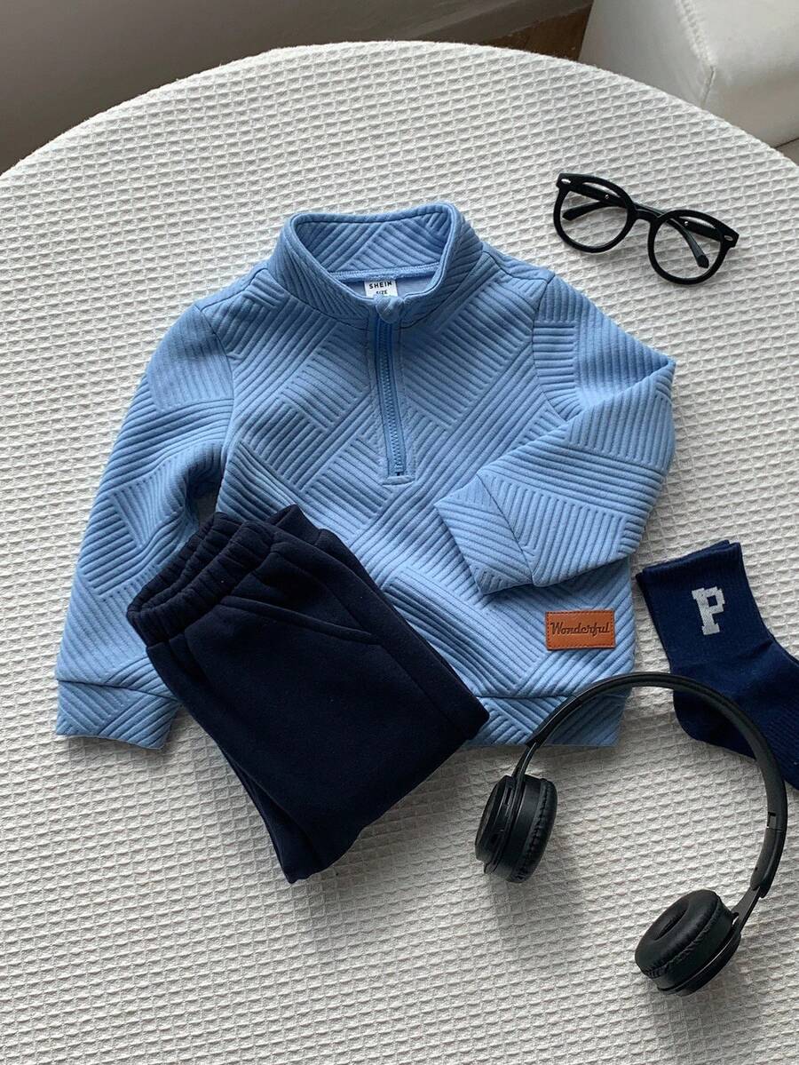 SHEIN 2 件套男婴柔软针织领长袖套头衫和松紧腰裤套装 - 藍色 - 查看 1