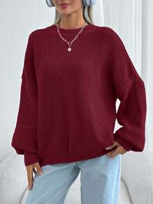 EURMUSE Women Solid Color Round Neck Drop Shoulder Chunky Pullover - Burgundy - View 6