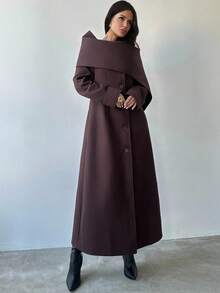 Firerie 女士优雅、精致、端庄的日常通勤街头时尚新款百搭宽围巾披肩领纽扣腰A字长款棕色外套，秋冬女装，女士冬季外套新年款 - 咖啡棕 - 查看 4