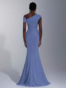 Elitara Elegant Cobalt Blue High Stretch Mesh Asymmetric Shoulder Metal Decor Fitted Mermaid Dress, Suitable For Dates, Outings, Weddings, Bridesmaid Events - Dusty Blue - View 3