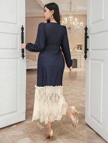 DAZY 法式复古二合一蕾丝拼布牛仔连衣裙 - 藏蓝色 - 查看 2