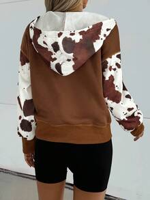 EMERY ROSE Autumn And Winter Fashion Women's Hooded Cow Pattern Print Color Block Half Open Collar Zipper Ribbed Loose Sweatshirt, Fashionable Out - Multicolor - View 2