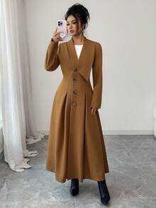 Elenzga Áo khoác blazer dài cổ bẻ, viền loe bất đối xứng dành cho nữ, thích hợp cho các buổi đi chơi mùa thu/đông, hẹn hò, đi làm, công sở, phong cách Pháp thanh lịch - màu nâu - Xem 3