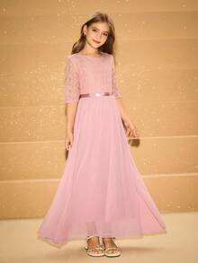 Girls' Flowing Lace Patchwork Chiffon Flared Dress With Square Neck, Suitable For Wedding, Prom, Birthday Party, Back To School, Graduation, Christmas, Halloween Fall Winter - Dusty Pink - View 7