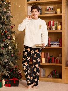 CoupledUp 熊图案趣味法兰绒男士情侣睡衣套装，秋冬装，蓬松舒适 - 彩色 - 查看 3