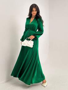 Almamuse Damen elegantes, strukturiertes Kleid mit weitem Ärmel - Grün - Übersicht 3