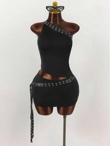 Y2K Amplova 女士 Oktoberfest PU 皮革拼接不对称上衣和性感吊带超低腰迷你裙两件套黑色夜店装 Y2K 两件套黑色两件套 - 黑色 - 查看 3