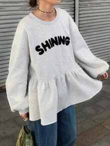 FRIFUL Women's Contrast Color Letter Print Crew Neck Long Sleeve Sweatshirt Autumn/ Back-To-School School White Casual Graphic - Grey - View 5