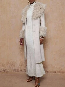 Lumalex VITNOS Fall/Winter Winter Women's Faux Fur Collar Elegant High-End Wool Blend Coat With Waist Belt Winter Outfit Glamorous Everyday Wear Special Occasion, Parties, Going Out, Teacher's Outfit, Business Casual, Luxury Coats For Women, Fall Clothes For Women, New Year Outfits, Holiday Look