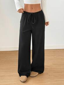 SHEIN PETITE 1pc Women's Black Thick Knit Elastic Waist Drawstring Pocket Casual Pants, Winter
