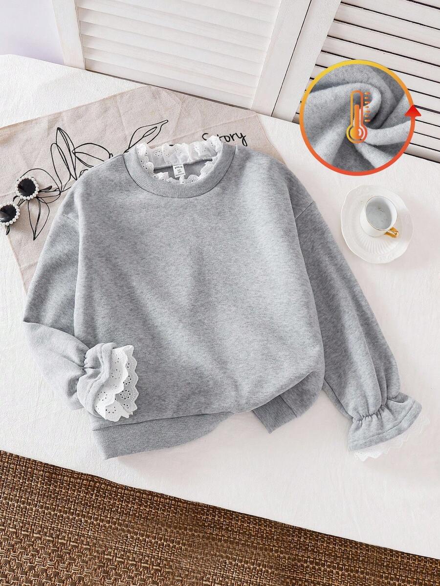 Genkimix Kids 青少年女孩休闲韩版风格拼布白色蕾丝刺绣领褶喇叭袖口卫衣 - 灰色 - 查看 1