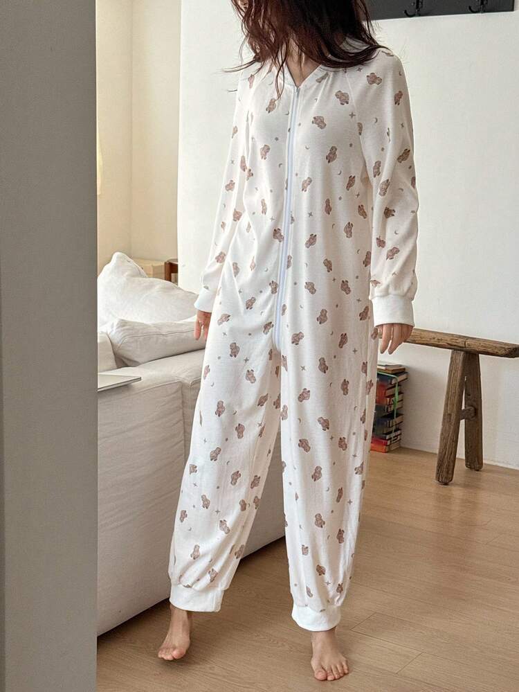 DAZY Pijama holgado de mujer con estampado de oso y mangas raglán, otoño - Blanco - Añade 1