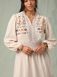 SHEIN VCAY Plus Size Beige Boho Autumn Vacation Dresses For Women,Lace Embroidery Fairycore Elegant Wedding Guest Dress,Chic Winter Christmas Outfits - Khaki - View 5