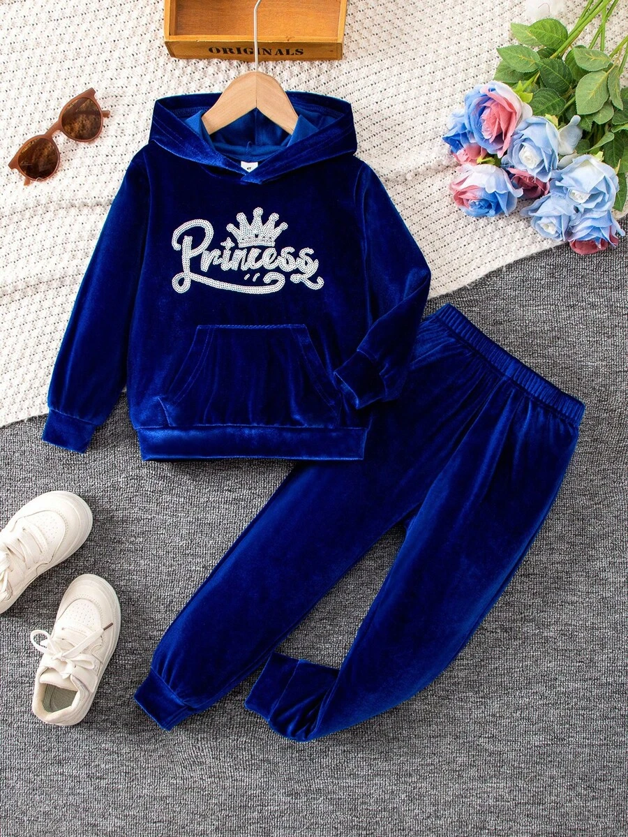 SHEIN Elladie kids 2件套女童休闲运动舒适长袖连帽服装,秋季 - 藏蓝色 - 查看 1