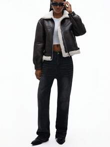 Aveloria Affinna Chaqueta de mujer forrada de piel sintética de borrego, chaqueta de motocicleta con cuello vuelto grueso, para otoño/invierno - Marrón - Ver 6