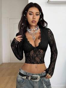 Coolane Damtröjor med V-ringning och långärmade spetsdetaljer för höst/helårssemester, streetwear, ravefestival, boho, westernkläder, Y2K Gyaru - Svart - Visa 4