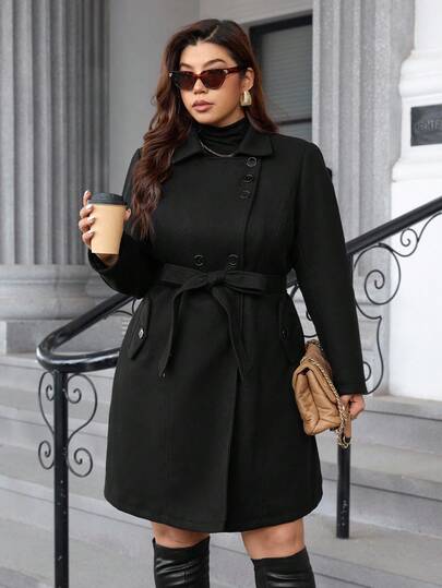 Ellevyn Plus Size Women's Casual Elegant Black Solid Long Sleeve Knotted Waist Overcoat, With Quilted Lining And Pockets Inside, Double-Breasted Long Casual Overcoat, Cold-Proof, Warm And Comfortable,Autumn, 2025 New, Winter,Vintage,Going Out,Fall, Office, Office,Halloween Costumes,Fall Tops,Old Money Style