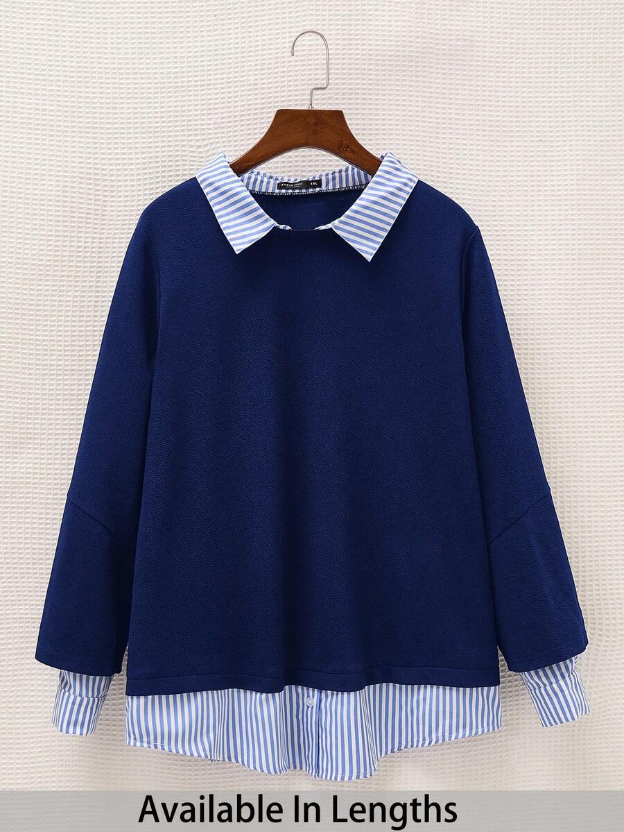 SHEIN PETITE CURVE Plus Size Women Striped Lapel Long Sleeve Casual Patchwork Sweatshirt/Winter - Navy Blue - View 1