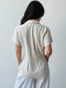 Firerie 女士休闲/办公室时尚新款棉麻条纹腰部短袖翻领衬衫，杏色 - 杏色 - 查看 3