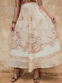 Lumalex VITNOS New Spring Collection, Luxury Vintage-Inspired Floral Border Print High-Waist Maxi Skirt – Lightweight Sheer Chiffon, Soft A-Line Silhouette, Elegant Flowing Hem, Summer Resort & Occasion Wear, New Year Glamour, Brown Skit, Elegant For Parties, New Year Parties, Holiday Party Guide, Elegant Skirt - Multicolor - View 6