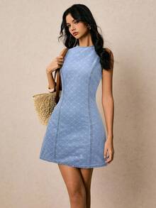 Vintamour 女式蓝色圆领无袖菱形图案修身牛仔连衣裙 - 淺色水洗藍 - 查看 6