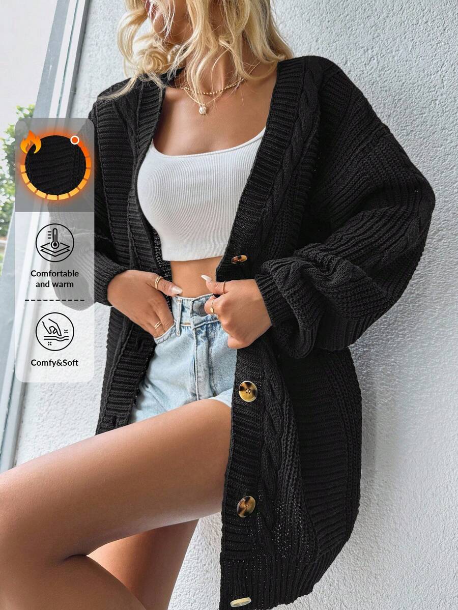 EURMUSE Drop Shoulder Button Front Cardigan - Black - View 1