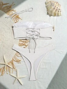 Swim SXY Springbreak 女式露背镂空交叉带贝壳海星纹理比基尼套装 - 白色 - 查看 5