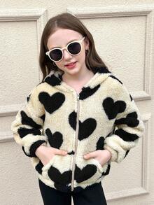 SHEIN Serisse Kids Kurtka z polaru dla dziewczynek w kształcie serca, z kapturem i zamkiem błyskawicznym, idealna na jesień/zimę, idealna na zewnątrz i do szkoły