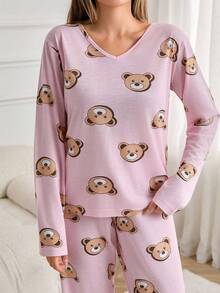 Set pigiama da donna con top e pantaloni a stampa orsetto carino