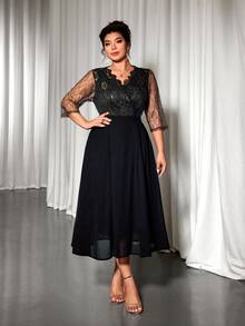 Cravure Plus Size Shallow Gold Lace Collar Floral Chiffon Patchwork Dress