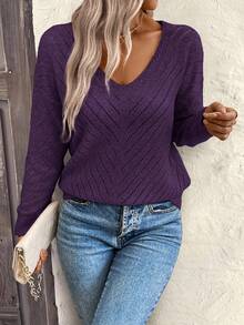 EMERY ROSE 女士宽松休闲镂空几何纹理V领毛衣 - 紫色 - 查看 5