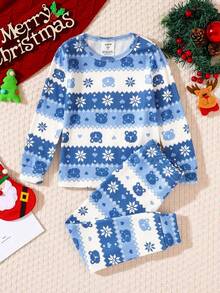 Young Boy Short Sleeve Top & Pants Snug Fit Pajama Set, Christmas Gift Fall Winter - Blue - View 4