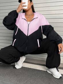 SHEIN EZwear Plus Size Women Casual Sports Style Contrast Color Zipper Jacket In Fall/Winter