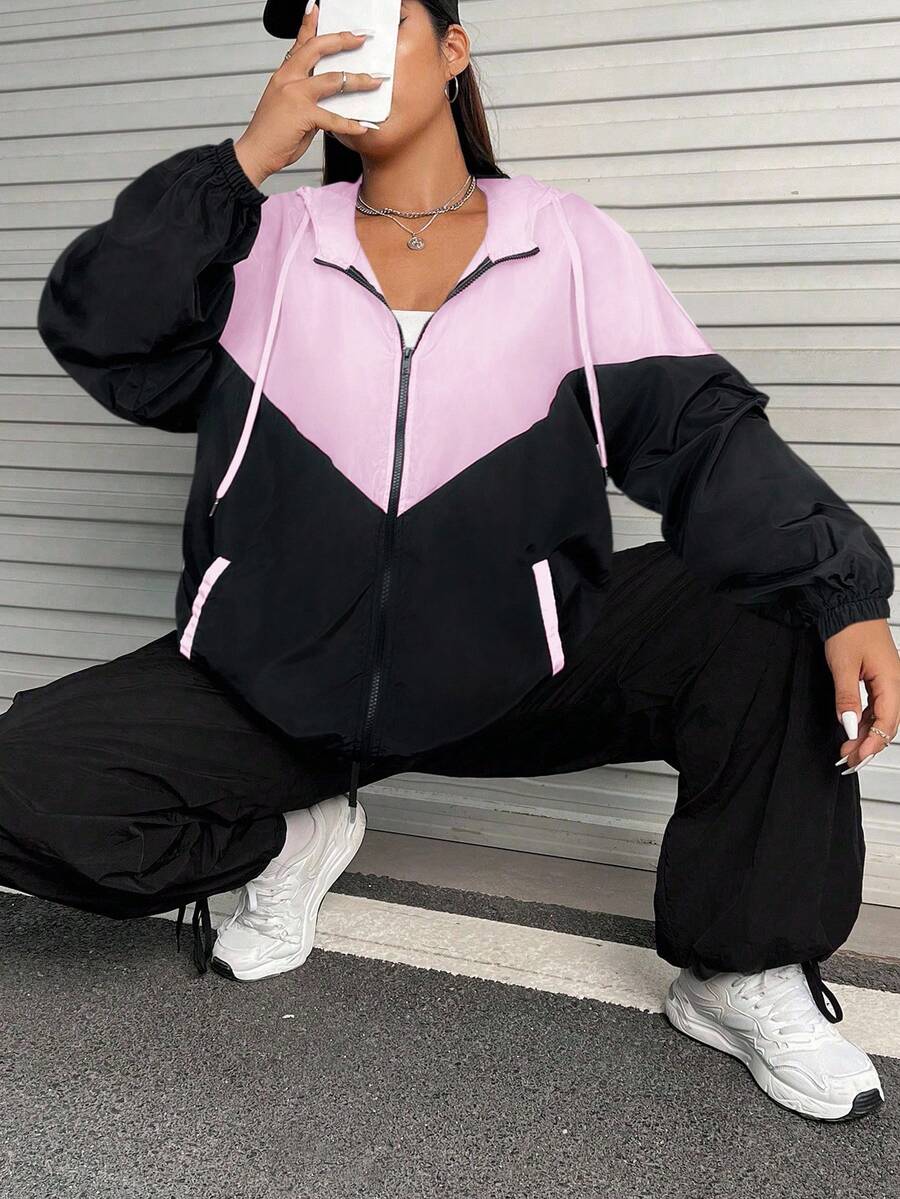 SHEIN EZwear Plus Size Women Casual Sports Style Contrast Color Zipper Jacket In Fall/Winter