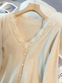 GlowEve CURVE Plus Size Women Autumn Contrast Lace Ruffle Trim Single-Breasted Elegant Knit Cardigan Fall Winter Cloth For Women - Apricot - View 6